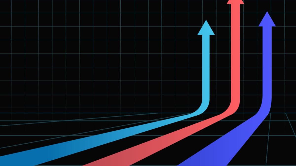 3 colorful arrows racing straight up on a black background.