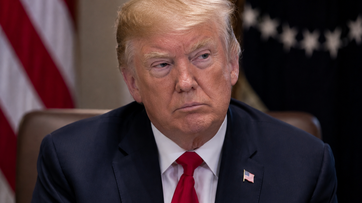 Donald Trump sits at a formal meeting table in a dark suit and red tie, with US flags blurred behind him.