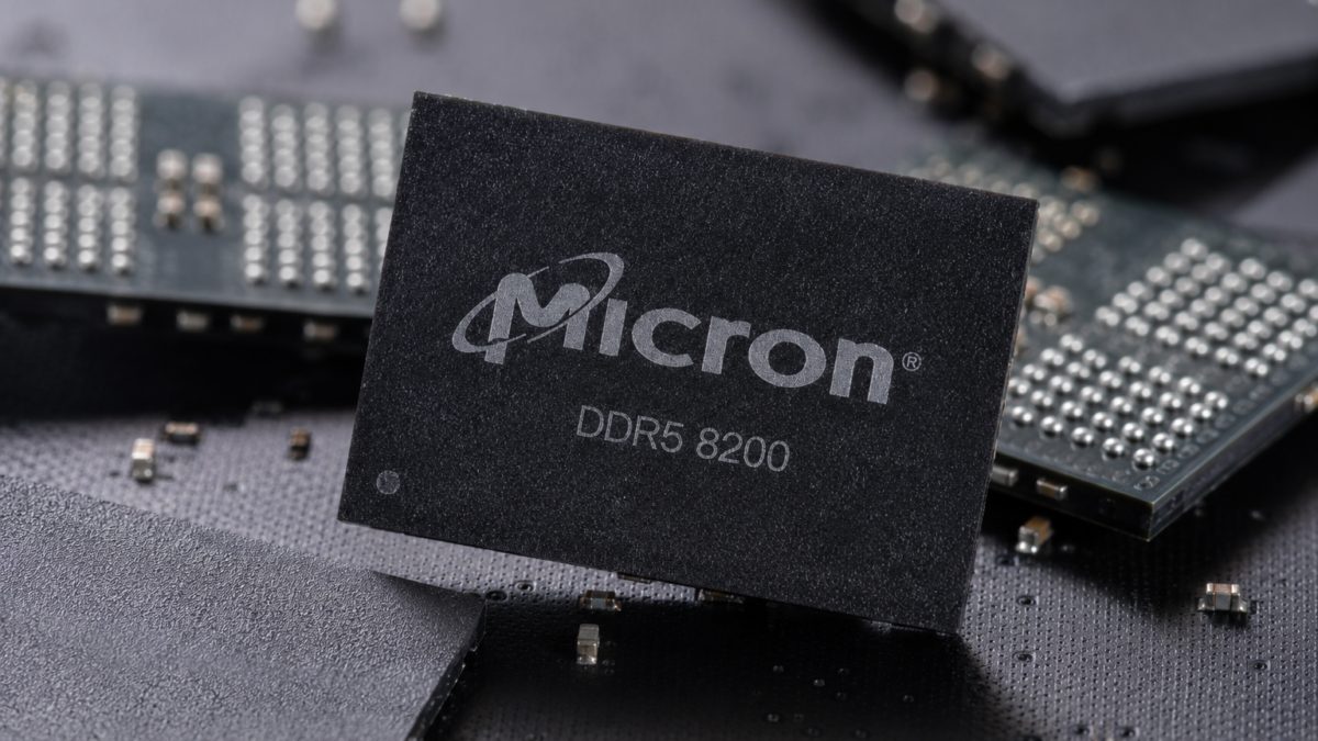 Micron DDR5 8200 memory chip displayed among semiconductor components.