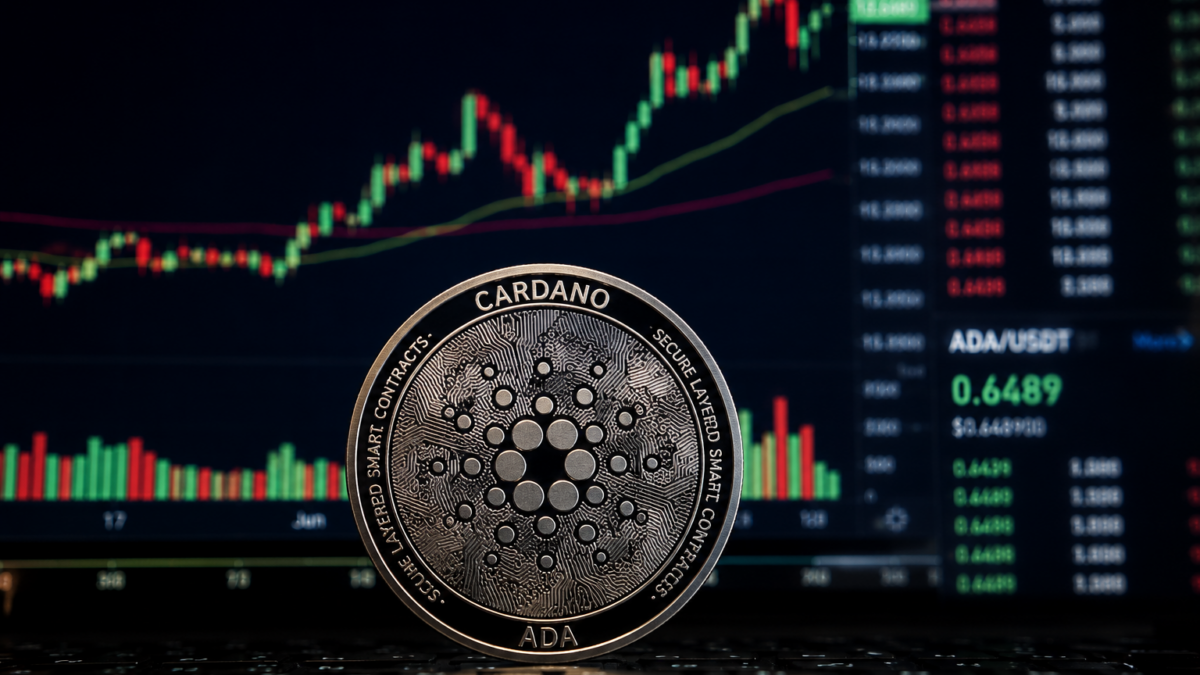 Cardano ADA coin stands in front of a trading screen showing a rising crypto price chart.