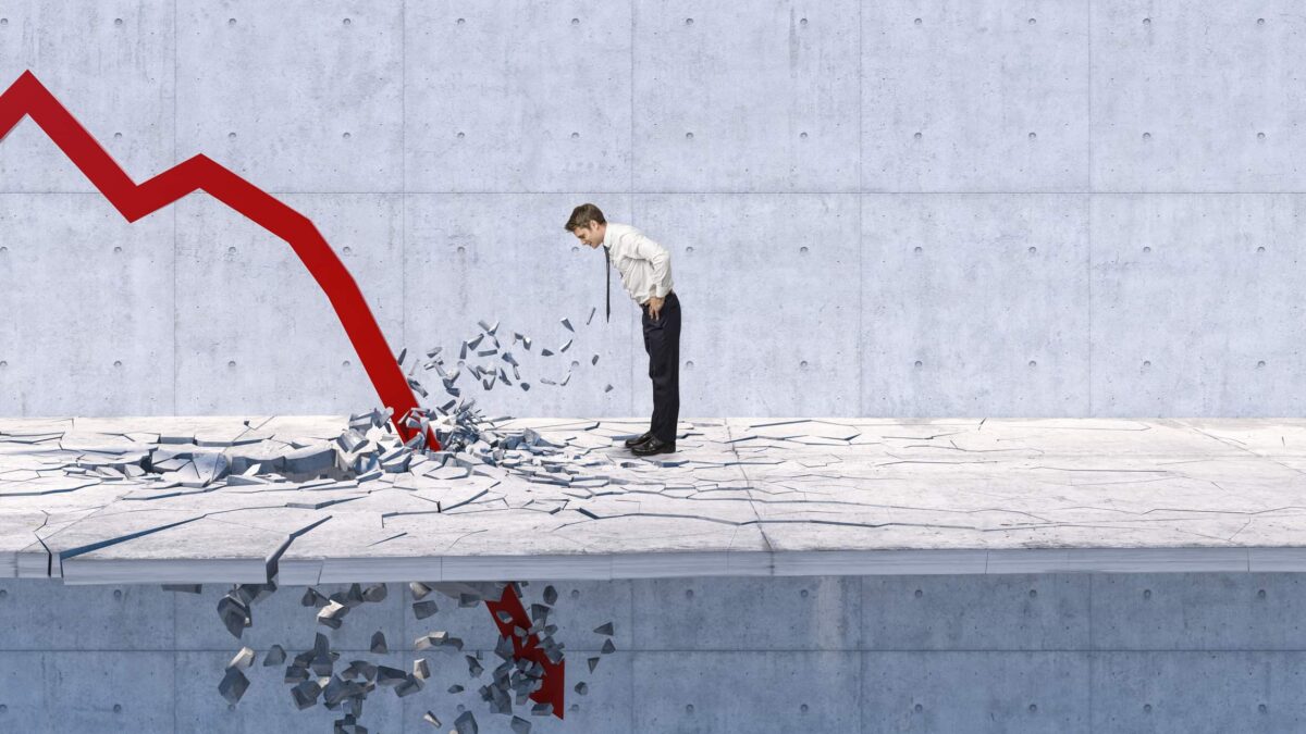 a person watches a downward arrow crash through the floor